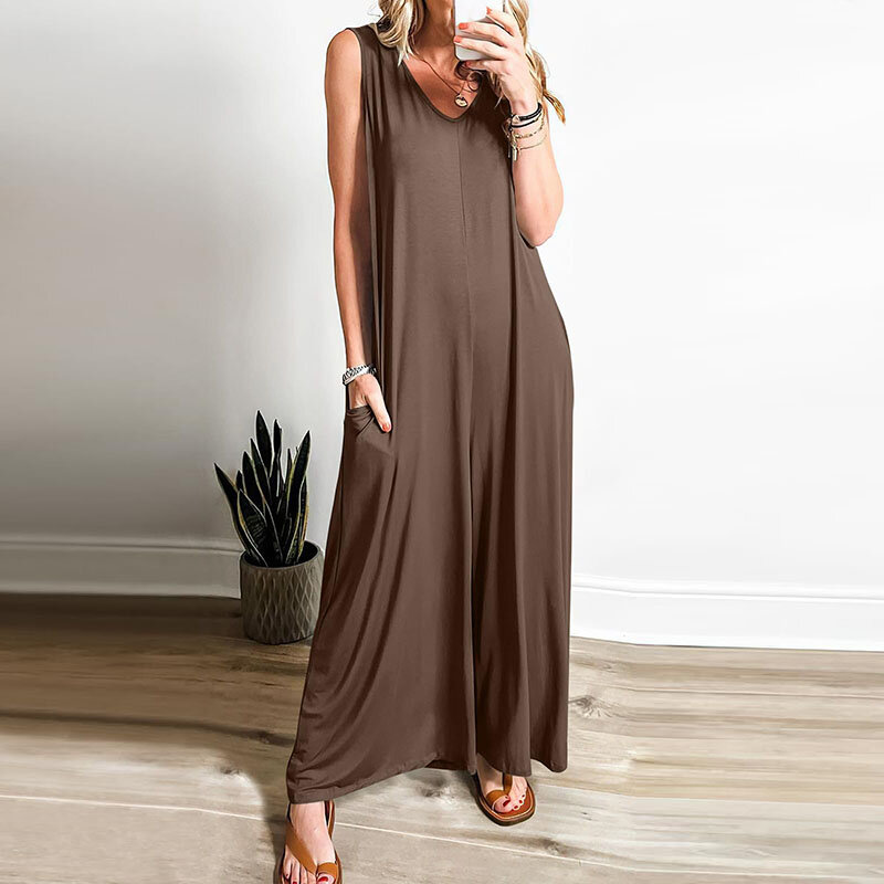Summer Fresh And Leisure Female Pockets Jumpsuits Thin Solid Color Casual Sleeveless V Neck Wide-leg Pants Fashion Loose Rompers