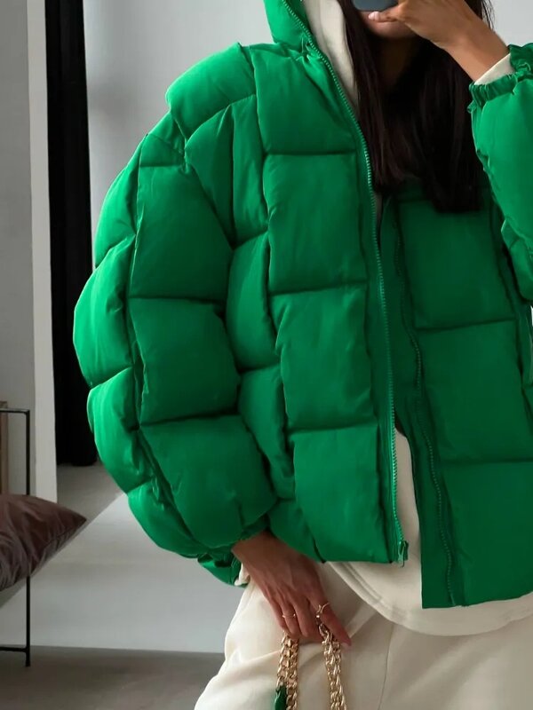 Зимние куртки для женщин 2023, Толстая теплая свободная модная стеганая куртка, женская уличная куртка с замком, зеленое мешковатое пуховое пальто