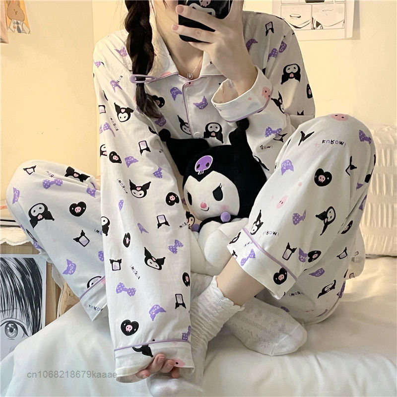 Sanrio Kuromi-Pijama de estilo Morado para mujer, conjunto de 2 piezas Y2k, ropa de casa, Tops finos de manga larga, pantalones de pierna ancha, ropa de dormir femenina
