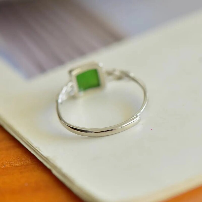 S925 серебряные инкрустированные искусственными драгоценностями Женские квадратные Регулируемые кольца из натурального нефрита