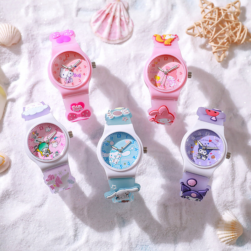 Sanrio-Relógio de pulso padrão 3D infantil, Cinnamoro, Hello Kitty, relógio de quartzo impermeável, Kuromi Cartoon, pulseira de sílica Gel, Kids Gift