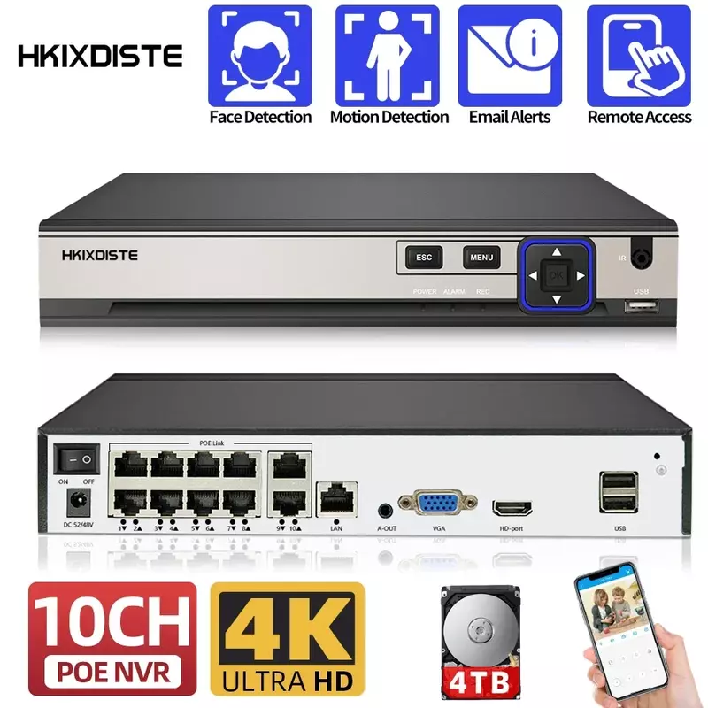 Segurança Video Recorder com Detecção de Movimento, Mini CCTV NVR, Detecção de Rosto, Xmeye App, H.265 + Max, Saída 4K, 4CH, 8CH, 10CH, 4K