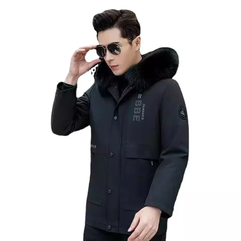 Parka Jacket Mens Rabbit Fur Inner Lining Medium Length Detachable Real Fur Integrated Winter Thickening Jacket Coats PK1305