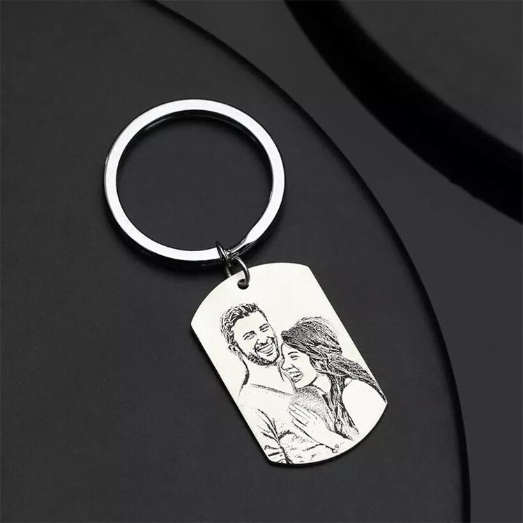 Personalized Photo Keychain Stainless Steel Laser Engraving Customized Name Date Car Keyrings for Women Men DIY Gift