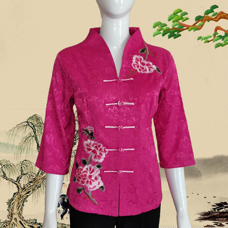 Tradition Embroider Chinese Style Cheongsams Coat New Year Hanfu Qipao Top Women Tang Clothes Flower Vintage Button Down Jacket