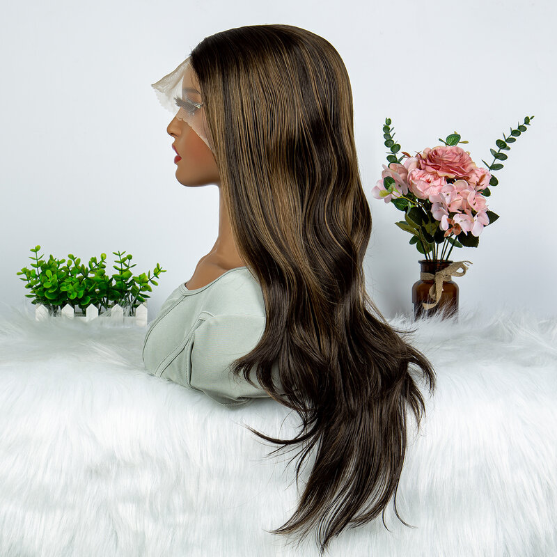 Wig serat sintetis highlight coklat dengan renda rambut lurus depan untuk wanita Wig pesta tahan panas 22 inci bagian tengah