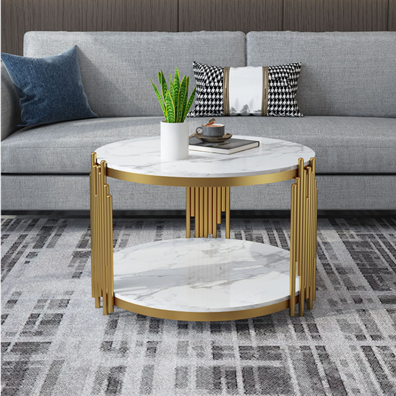 Mesa de centro redonda para sala de estar, mesa de centro de acero de roca, estilo lujoso y ligero