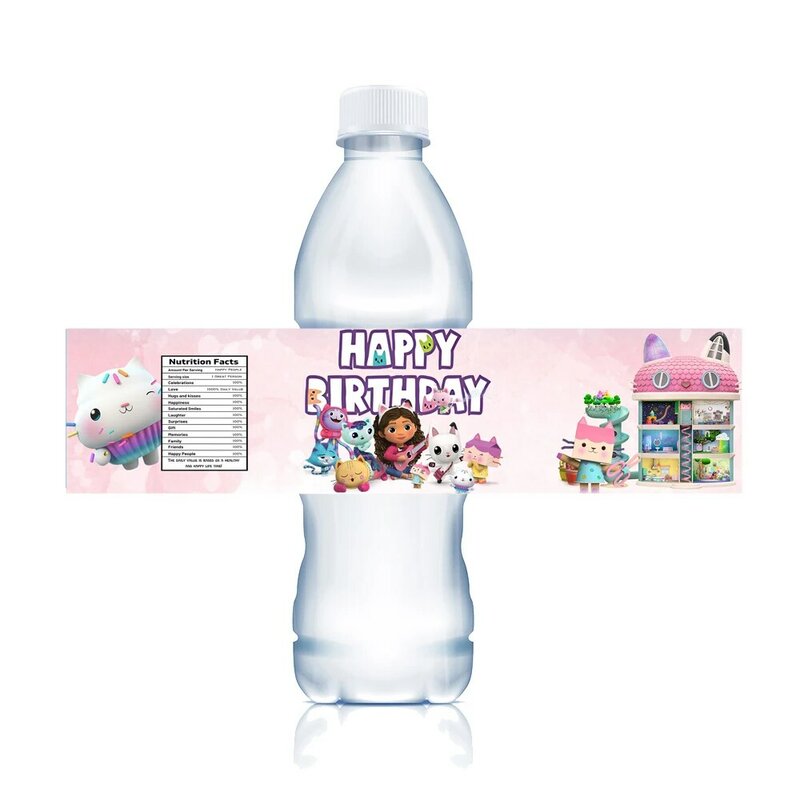 ملصقات زجاجة الماء الوردي ، بيت الدمى غابي ، هدايا الفتيات القط ، زينة طاولة عيد ميلاد ، لوازم حفلات استحمام الطفل