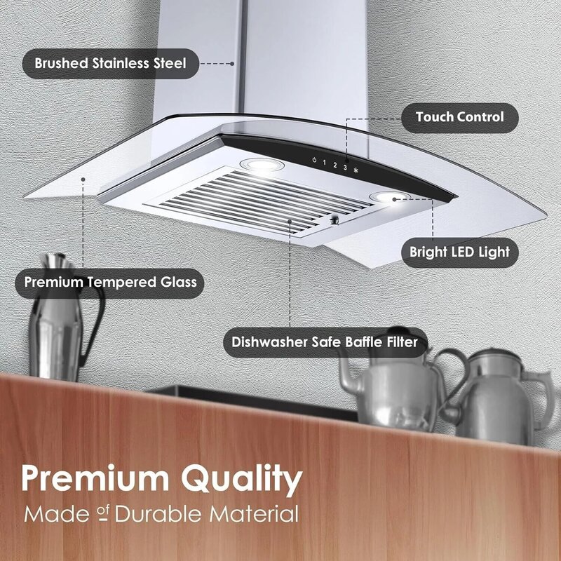 Tieasy 30 inch 450CFM Wall Mount Tempered Glass 3-Speed Touch Control Vent Range Hood USGD3375BCK