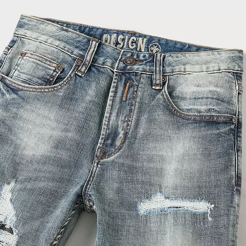 Fashion Vintage Men Jeans High Quality Retro Blue Elastic Slim Fit Hole Ripped Jeans Men Patchwork Designer Denim Pants Hombre