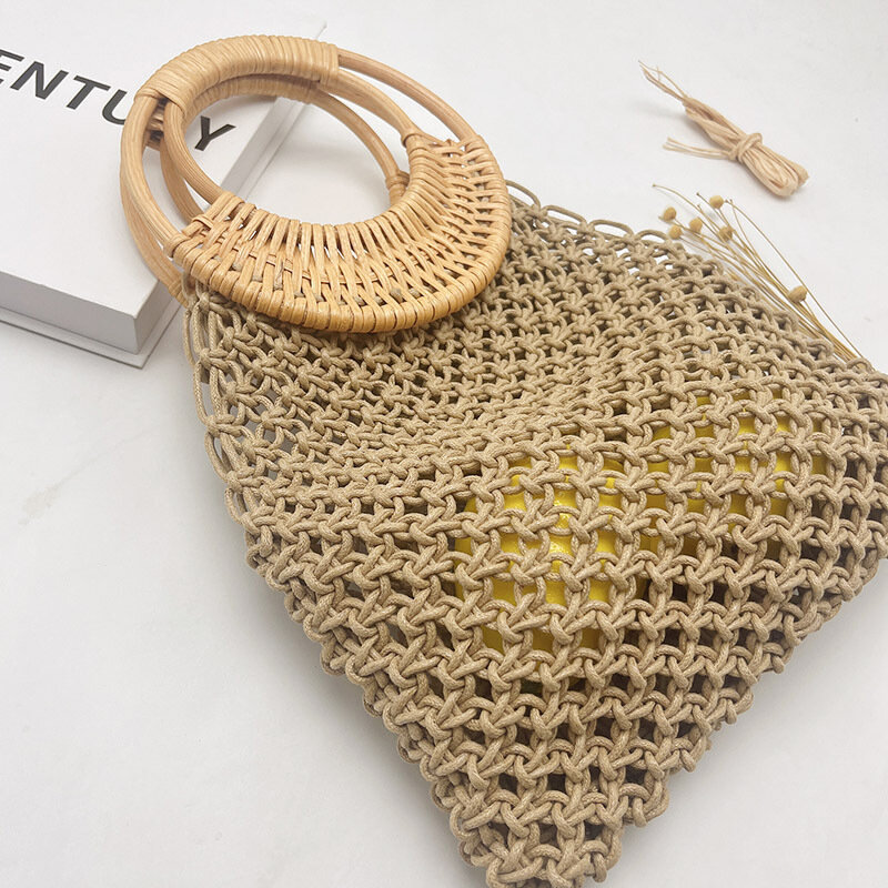 Handmade malha sacos de tecido para as mulheres, corda Crochet, pesca Net bolsas, Wicker Handle Beach Bag, Oco malha palha saco, Novo