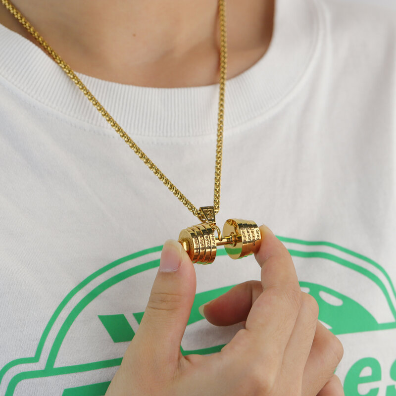 Nomes personalizados dumbbell colar de hip hop colar de aço inoxidável dumbbell colar de presente da jóia