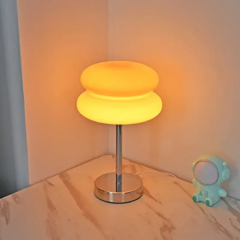 Egg Tart Glass Lamp with LED Tricolored Bulb Ornament Table Light for Bedroom Living Room Hotel Study Decorative Night Light