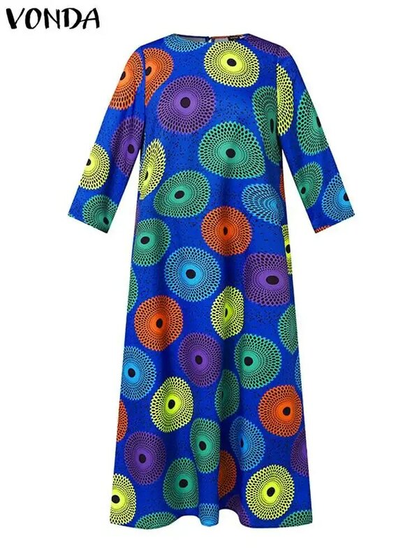 Plus rozmiar 5XL VONDA długa sukienka damska moda jesienna artystyczna nadruk w stylu Vintage sukienka letnia maksi luźna luźna szata na imprezę z 3/4 rękawem