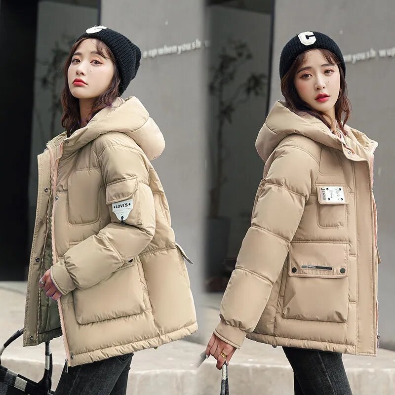 2022 outono inverno versão coreana casaco feminino parka solto lazer com capuz curto para baixo algodão manter quente casaco feminino