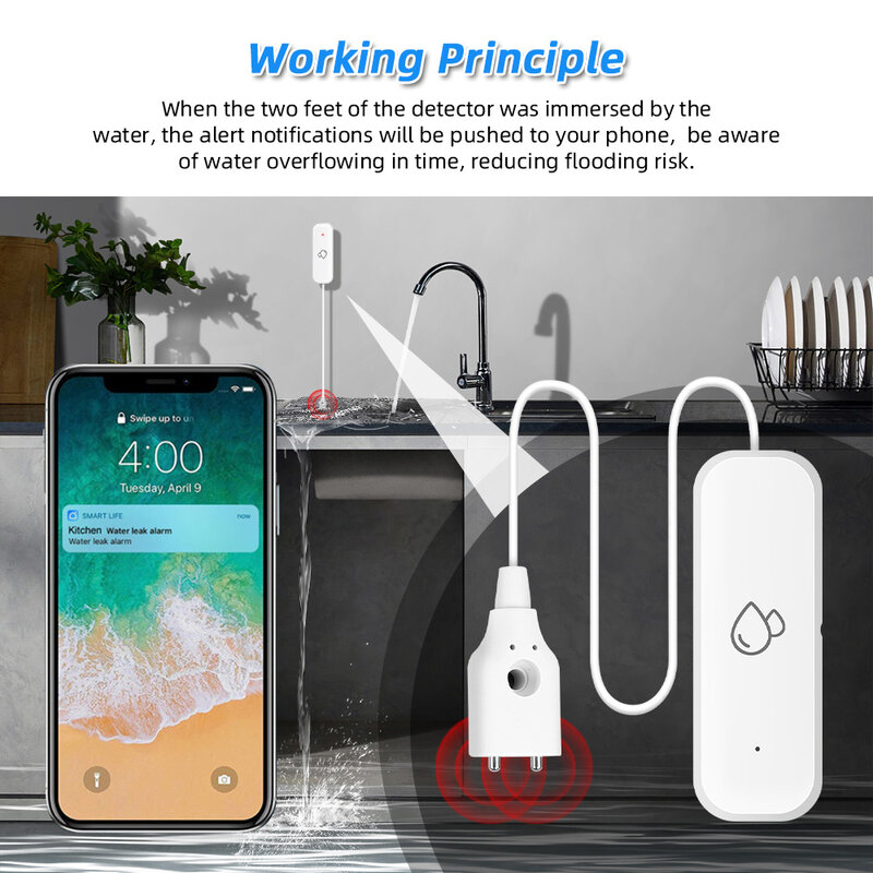 ZY-Tuya WiFi Water Leakage Sensor Detector, Smart Home, Inundação Alarme Vazamento de Água, Sistema de Segurança, Trabalhar com Alexa, Google