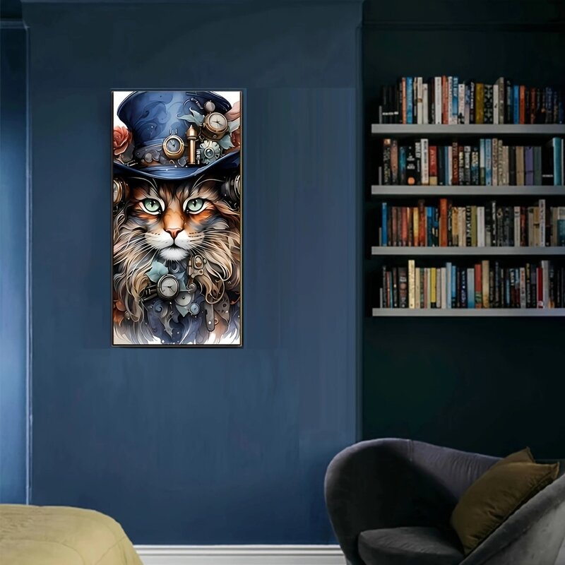 صورة قطة ستيامبانك لحجر الراين ، لوحة ماسية ذاتية الصنع ، ماس مستدير كامل ، تطريز فسيفساء ، فن حيوان ، ديكور المنزل ، 40 × 75 ، 1