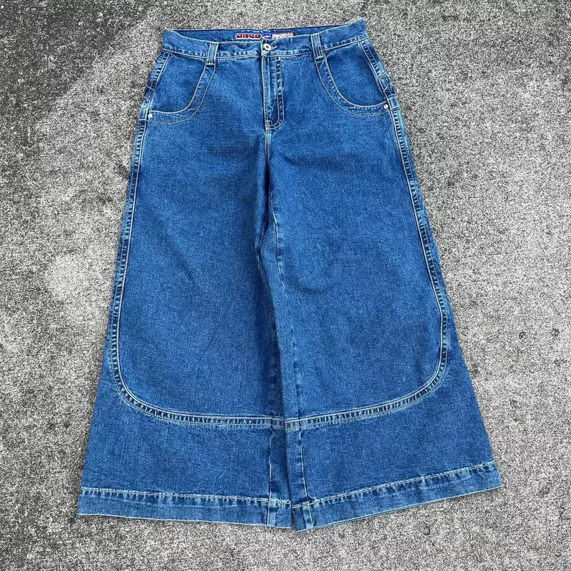 JNCO Jeans Y2k untuk pria, celana Jin Harajuku Kangaroo GRAFIK saku besar biru Vintage, celana Gotik pinggang tinggi lebar