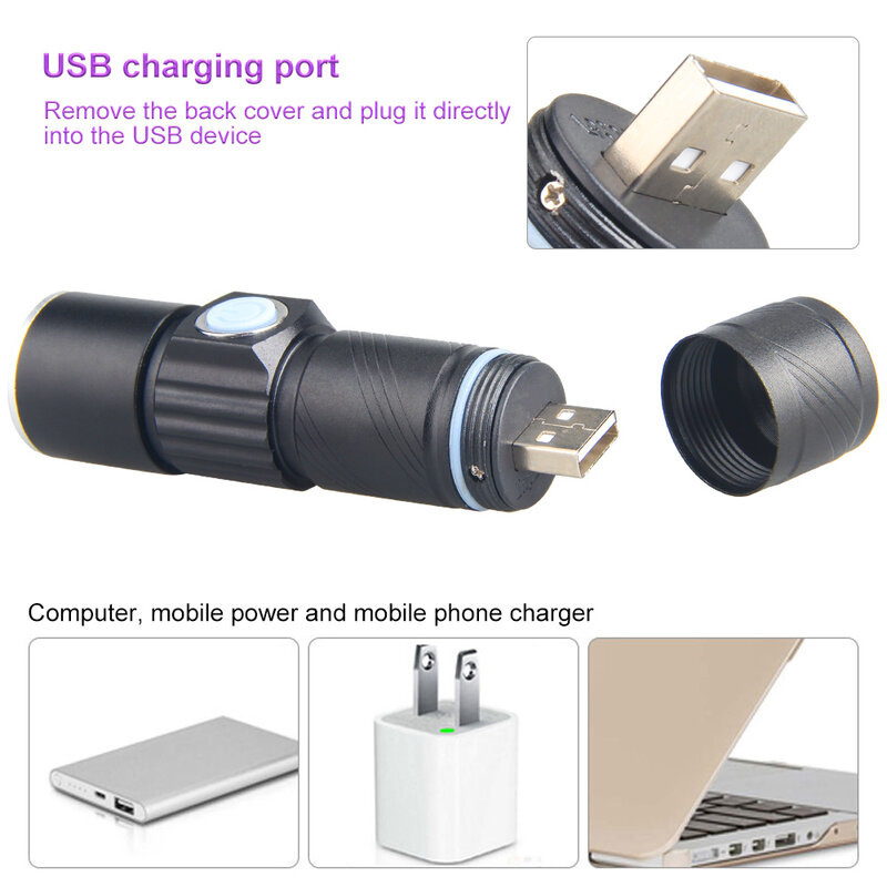 Lampe de poche à ultraviolets aste par USB, mini torche LED UV, 3 modes, injuste, homologué télescopique, lumière noire, 395nm