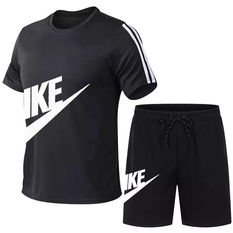 Conjunto de t-shirt e calções de manga curta respirável masculino, conjunto desportivo, estampado, moda lazer, verão, quente, 2024