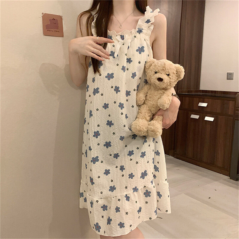 Women Floral Printed Summer Casual Sling Mid-Length Nightdress Home Wear