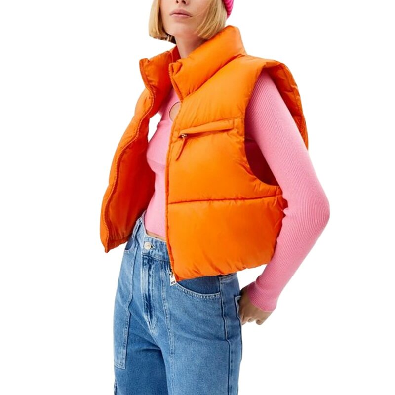 Women Fashion Cropped Puffer Vest Solid Color Warm Lightweight Sleeveless Zipper Down Coats Jacket for Winter Outwear Streetwear