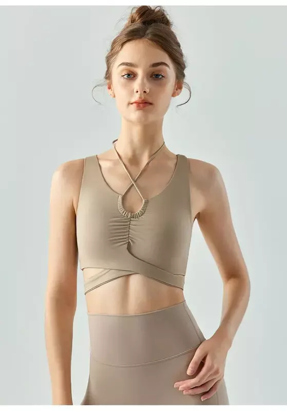 Chaleco de Yoga con cuello de goteo para mujer, Copa semifija, Top Sexy con correa cruzada para correr y Fitness