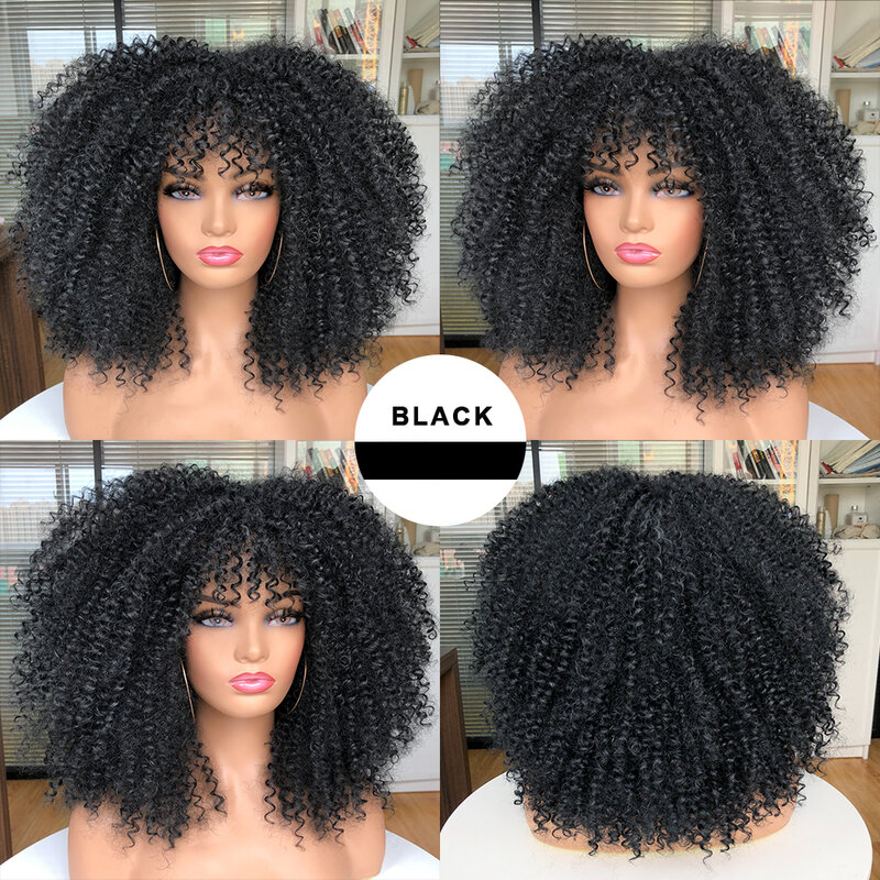 Synthetic Fibre Glueless Cosplay Hair Curly Afro Wigs For Black Women Short Kinky Curly Wigs With Bangs 16inch Brown Afro Hair