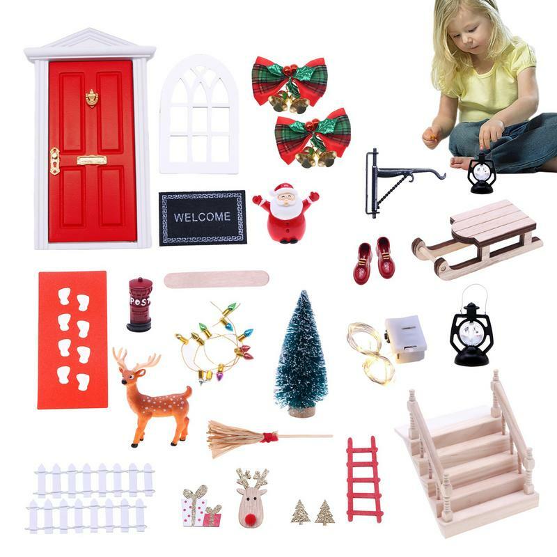 Рождественская дверь гнома, деревянная мини-дверь, кукольный домик, миниатюрная дверь эльфа, декоративный кукольный домик, миниатюрная дверь эльфа, игровой набор для