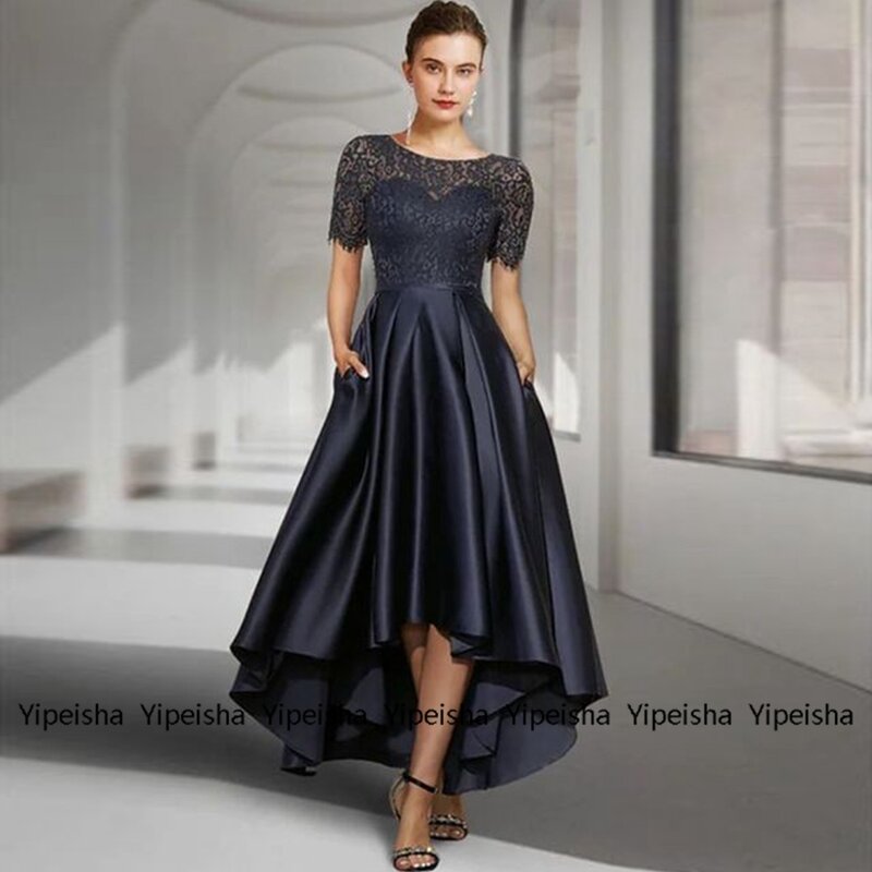 Yipeisha-신부의 높은 낮은 신부 드레스, 여름 2022 짧은 소매 레이스 다크 네이비 여성 드레스, 포르멜 가운, 신상품