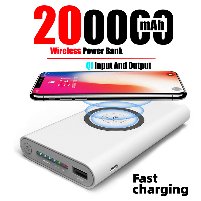Banco de energia sem fio portátil, grande capacidade, carregamento rápido, bateria externa, adequado para a Apple, 200000mAh