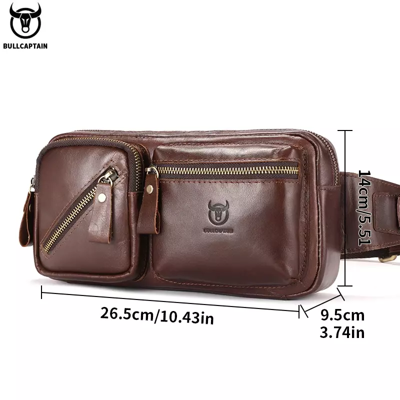 BULLCAPTAIN Men's Genuine Leather Chest Bag Outdoor Sports Shoulder Bag Multifunctional Large Capacity Waist Bag