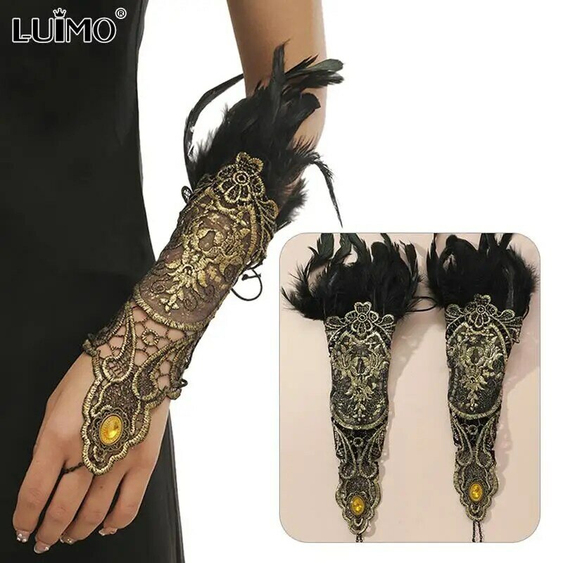 Natural Feather Gold Lace Long Gloves Women Party Sexy Gloves 2023 Exaggerated Fishnet Gloves Y2k Accessories