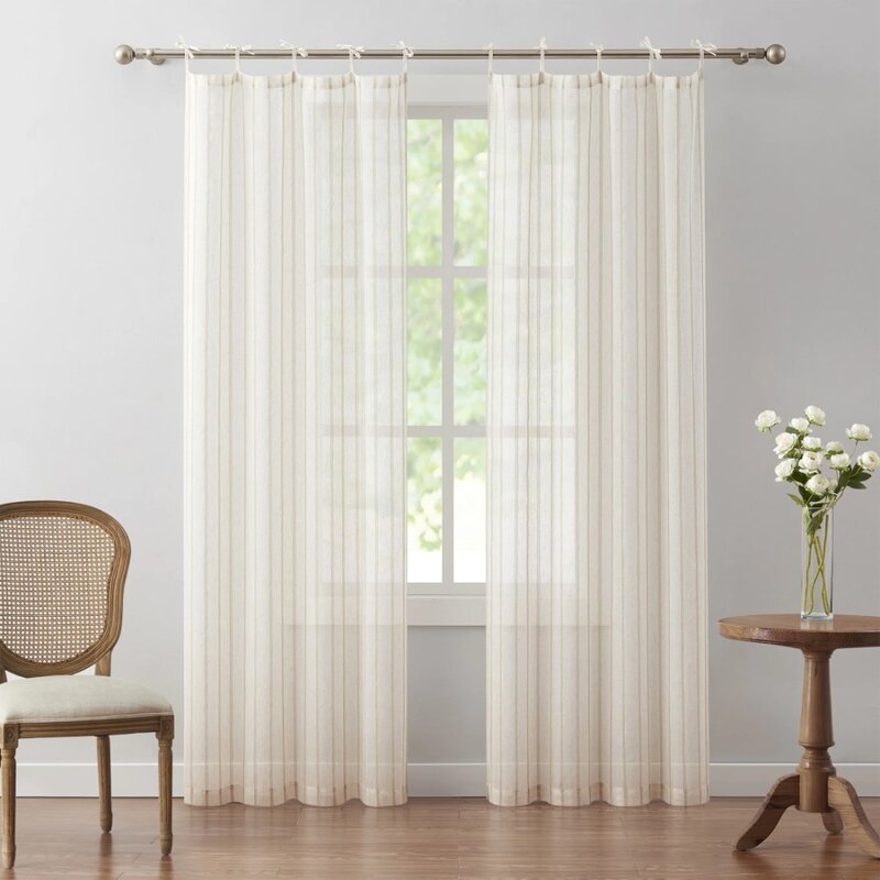 Emerson Linen Stripe Light Filtering Tie Top Curtain Panel Pair, Taupe, 76" x 95"