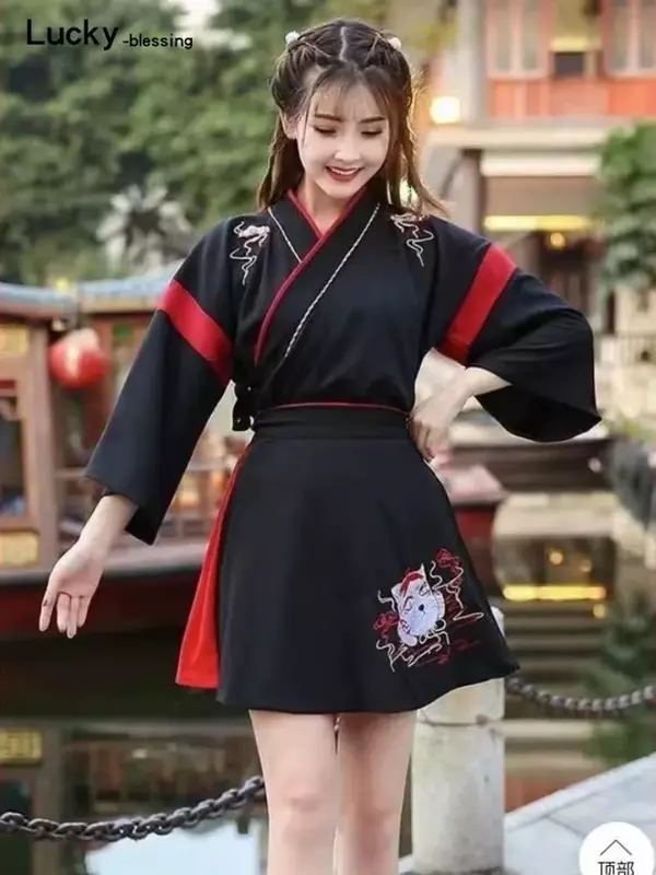Japanese Dress Kimono Woman Black White Cat Embroidery Skirts Vintage Asian Clothing Yukat Party Anime Cosplay harajuku costume
