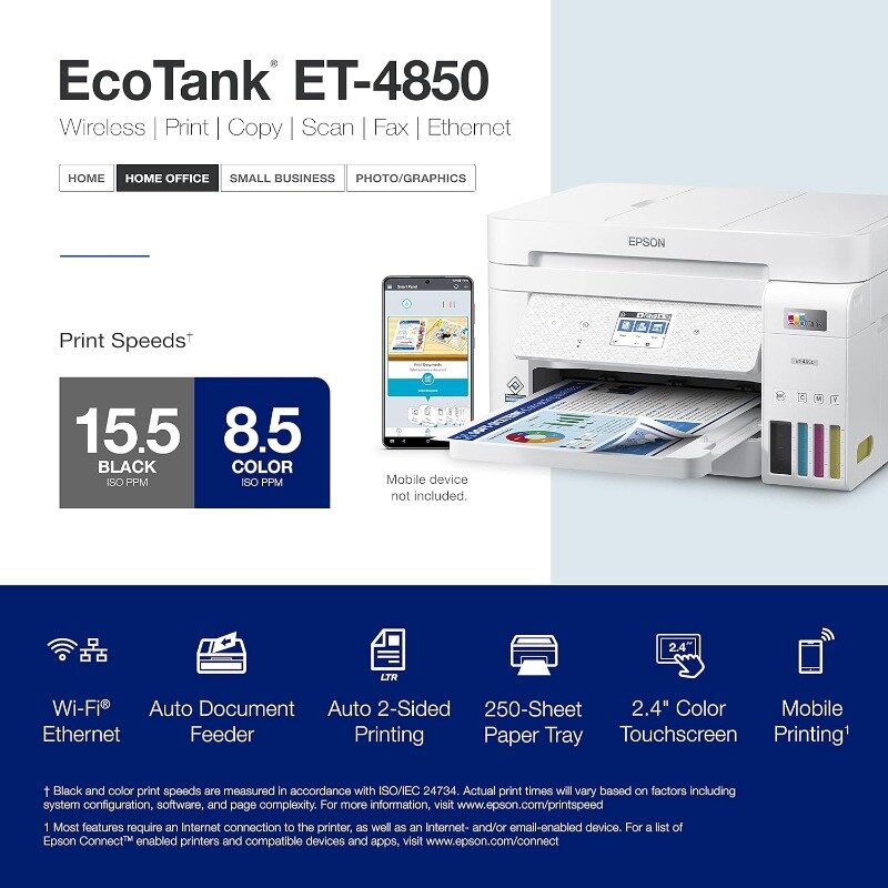 Impresora Supertank inalámbrica todo en uno, sin cartucho, con escáner, copiadora, Fax, ADF y Ethernet, la impresora perfecta para oficina