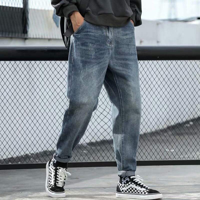 Celana kargo pria, Jeans Denim Harem lurus longgar dengan tambal sulam Retro untuk lelaki, celana kargo musim semi musim gugur
