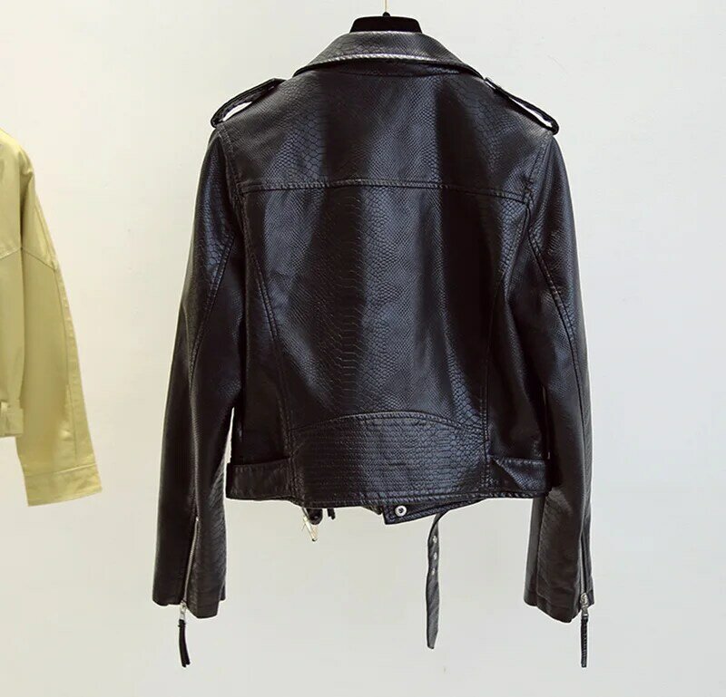 Spring Autumn Women Faux Leather Jacket Slim Streetwear Khaki Leather Coat Biker Moto Jacket with Belt Female Outerwear