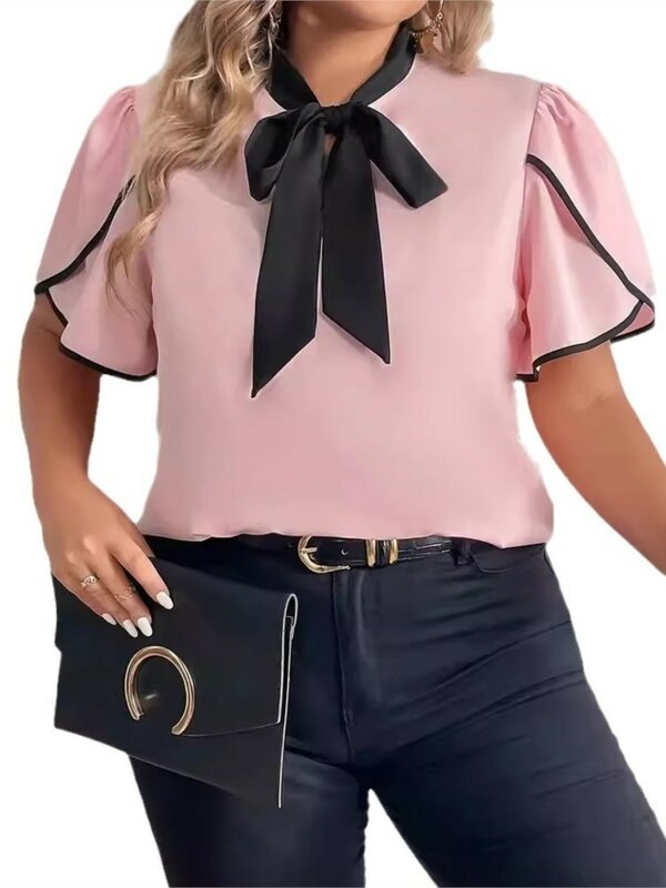 Plus Size letnie różowe pulowerowe topy damskie patchworkowa falbanka kołnierzyki modne bluzki damskie plisowana, na co dzień damskie bluzki z krótkim rękawem
