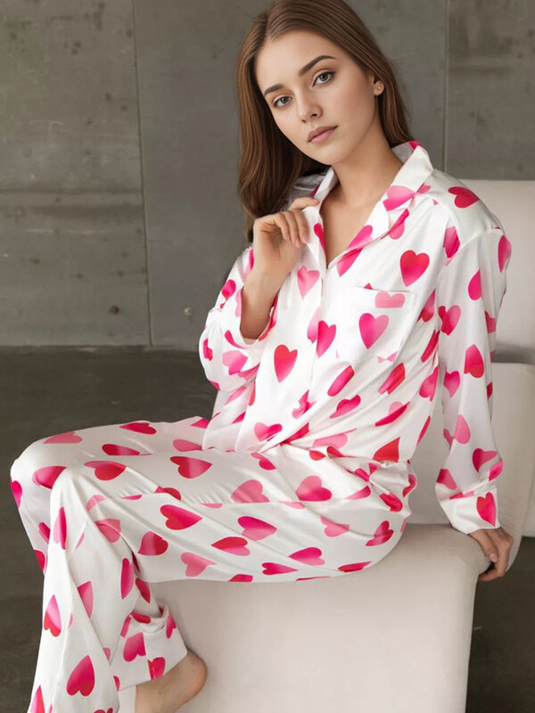 Marthaqiqi Printing Women Pajamas Suit Sexy Turn-Down Collar Sleepwear Long Sleeve Nightgowns Pants Fashion Ladies Nightwear Set