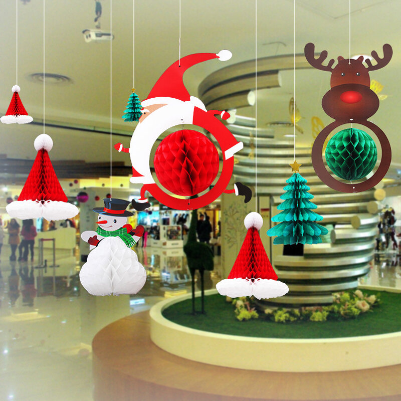 Árvore de Natal Honeycomb bola pingente, enfeites de chapéu, Feliz Natal infantil, cena de ano novo, 1 pc