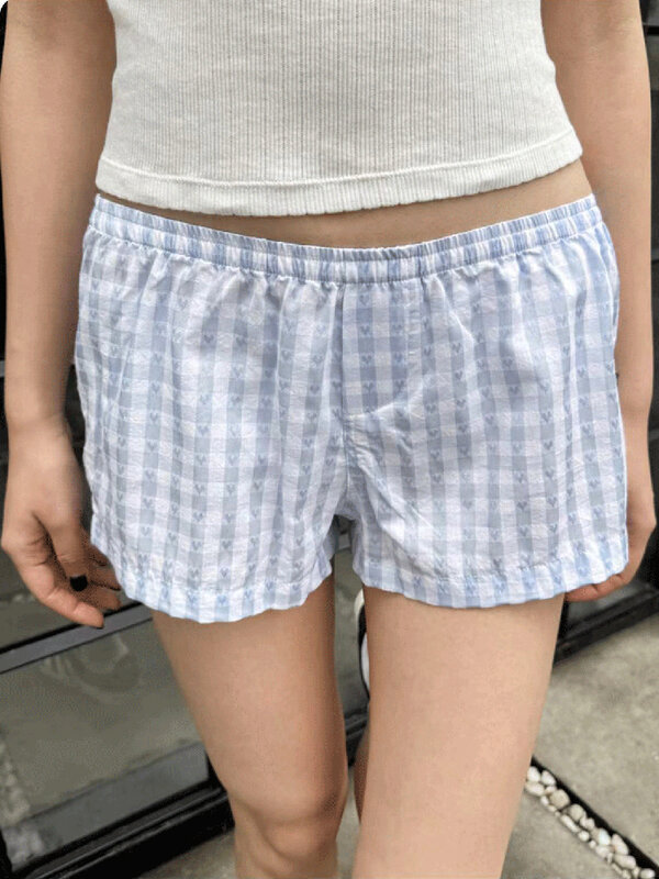 Celana pendek kasual kotak-kotak hati biru wanita celana pendek katun lurus pinggang tinggi elastis musim panas celana pendek rumah gadis manis pakaian dalam
