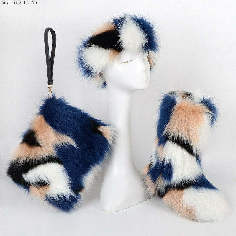 Three Piece Set of Plush and Thickened Fur Straps, Carrying Bag, Imitation Fox Fur Women Snow Boots