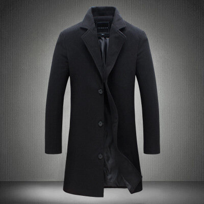 Casaco longo de lapela de peito único masculino, trench jacket plus size, sobretudo casual, casacos de lã, monocromáticos, moda, outono, inverno