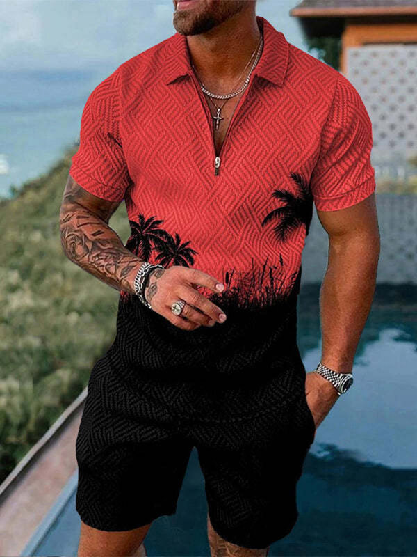 Novo elemento de praia verão impressão 3d conjunto moletom masculino casual gola com zíper polo camisa e shorts 2 pçs define moda roupas homem