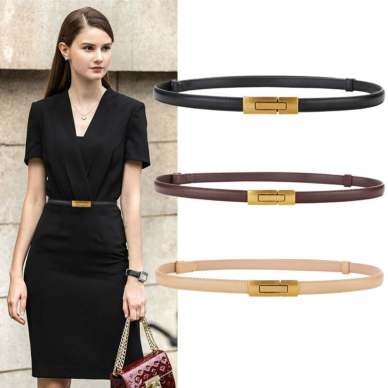 Women Skinny Genuine Leather Slim Belt Adjustable Gold Silver Color Alloy Buckle Waist Belts For Dress