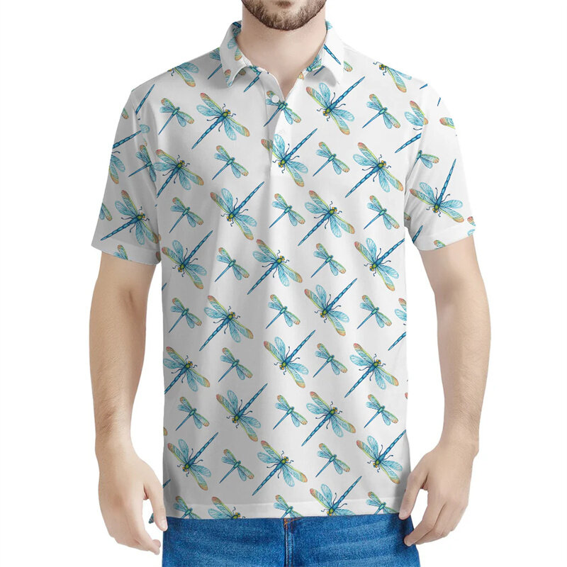 Polo con estampado 3d de libélula para hombre, Camiseta holgada con botones, manga corta, informal, Verano