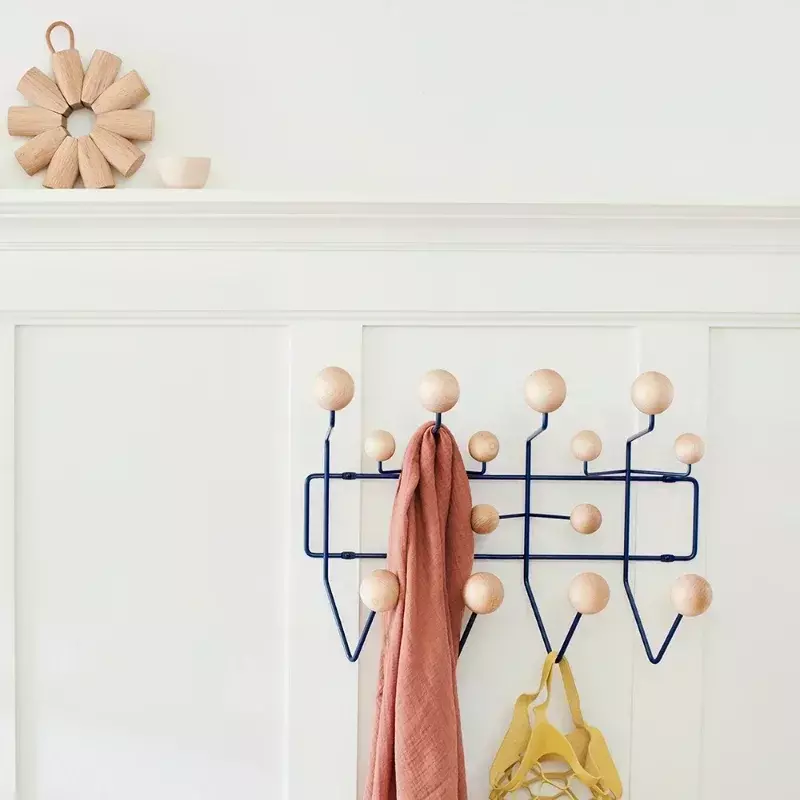 Kindergarten iron clothes rack with solid wood ball wall hanging clothes hook