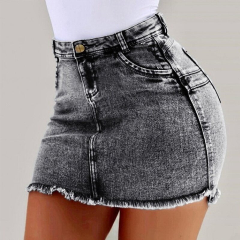 Kobiety seksowne solidny frędzel z wysokim stanem spódniczki dżinsowe ołówkiem letni bandaż dżins czarna plisowana spódnica Streetwear krótka spódniczka