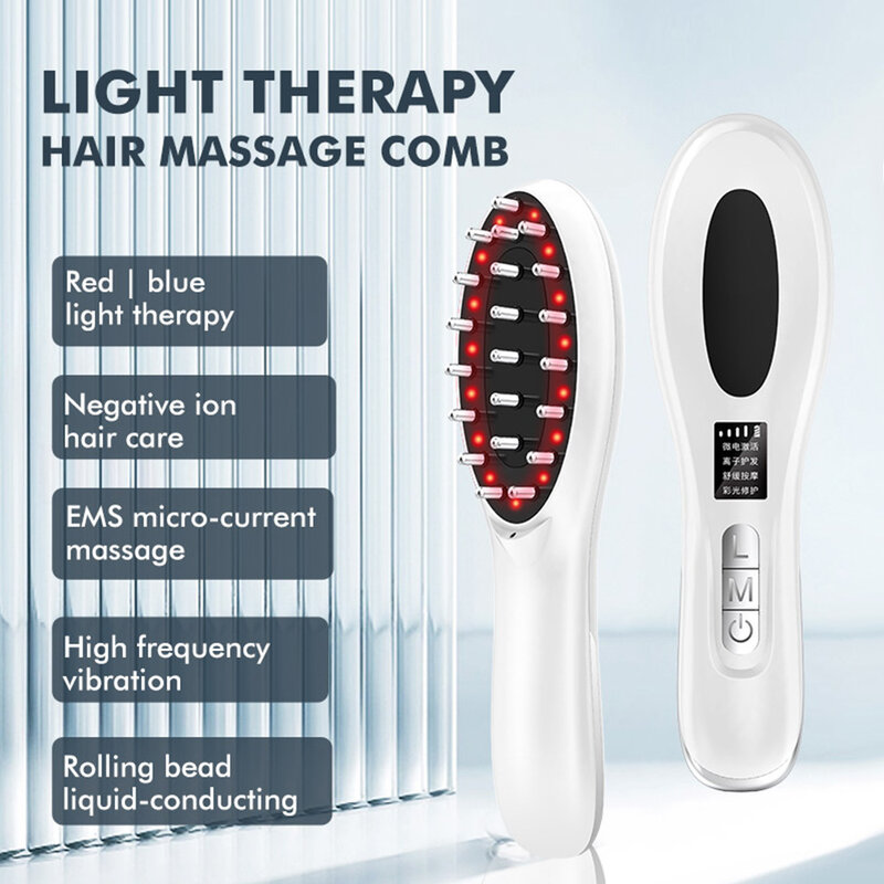 Negativo Ion Light Therapy Conductive Massage Comb, vermelho e azul, cuidados com os cabelos, fortalecimento do cabelo, presentes, EMS